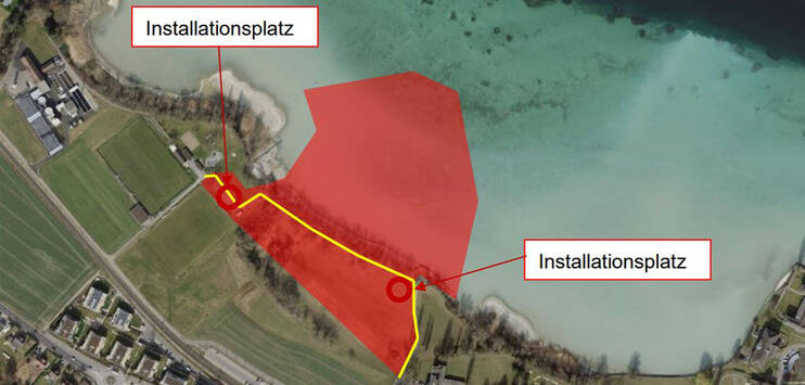 In diesem Bereich werden die Bauarbeiten am neuen Hafen stattfinden. Der gelb Markierte Weg ist während den Bauarbeiten gesperrt. (Bild: Gemeinde Münsterlingen)