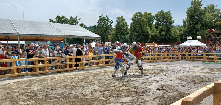 Mehrere Schwertkämpfer treten zur Belustigung der Gäste in die Arena. (Bild: Sven Bonnard)